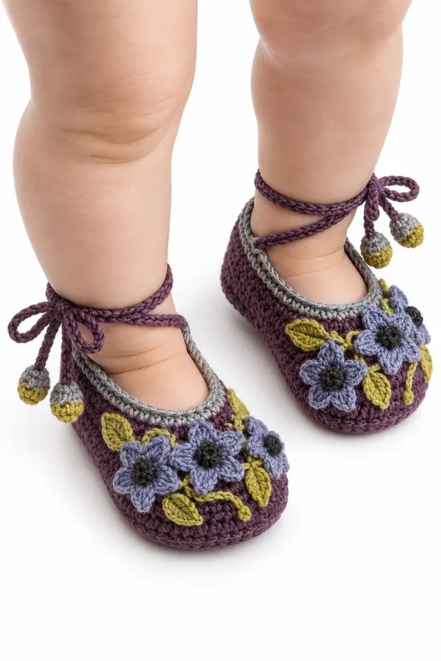 AI concept of aubergine crochet baby moccasin booties with blue star flowers.
