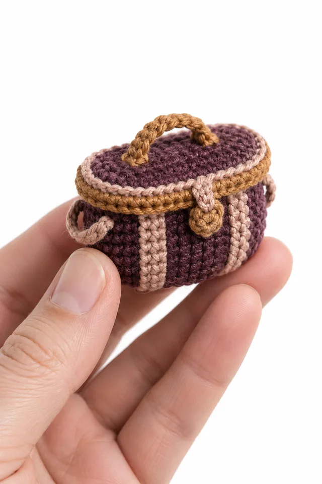 AI concept of a miniature aubergine crochet fish creel basket with lid.