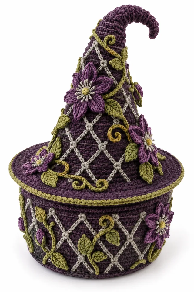 AI concept of an aubergine crochet basket shaped like a witch hat with clematis star pattern.