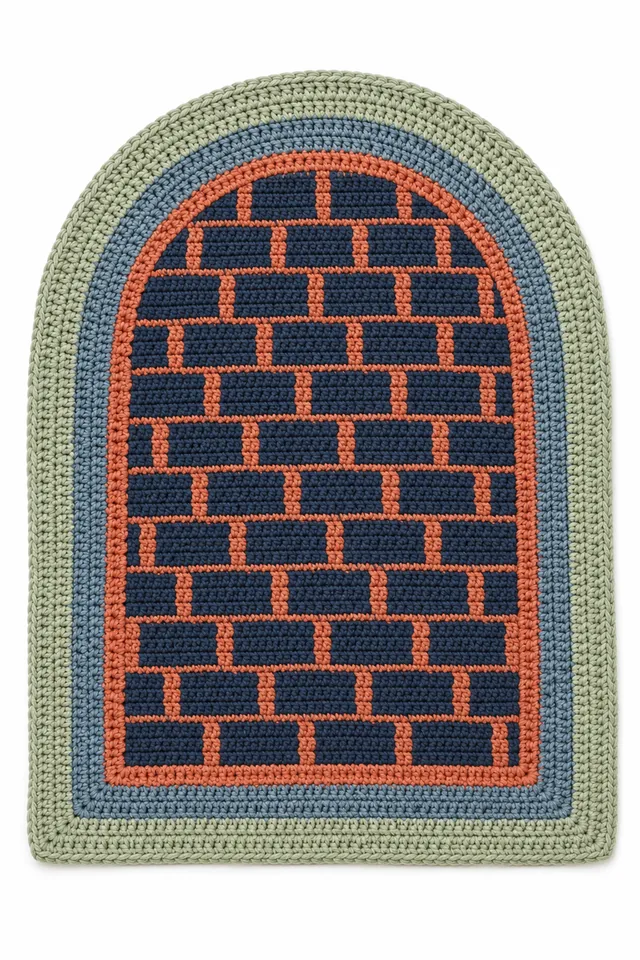AI concept of an arch-shaped crochet rug with basketry weave texture.