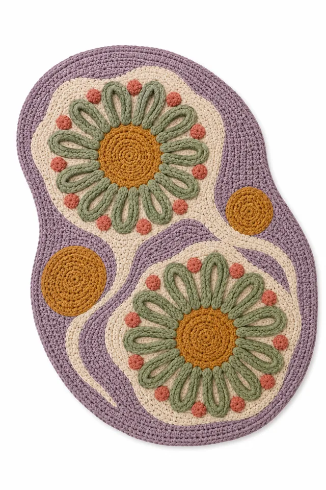 AI concept of an organic-shaped crochet rug with offset basketry pattern.