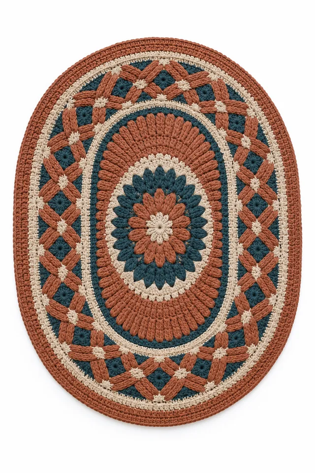 AI concept of an oval crochet rug with a basketry medallion center.