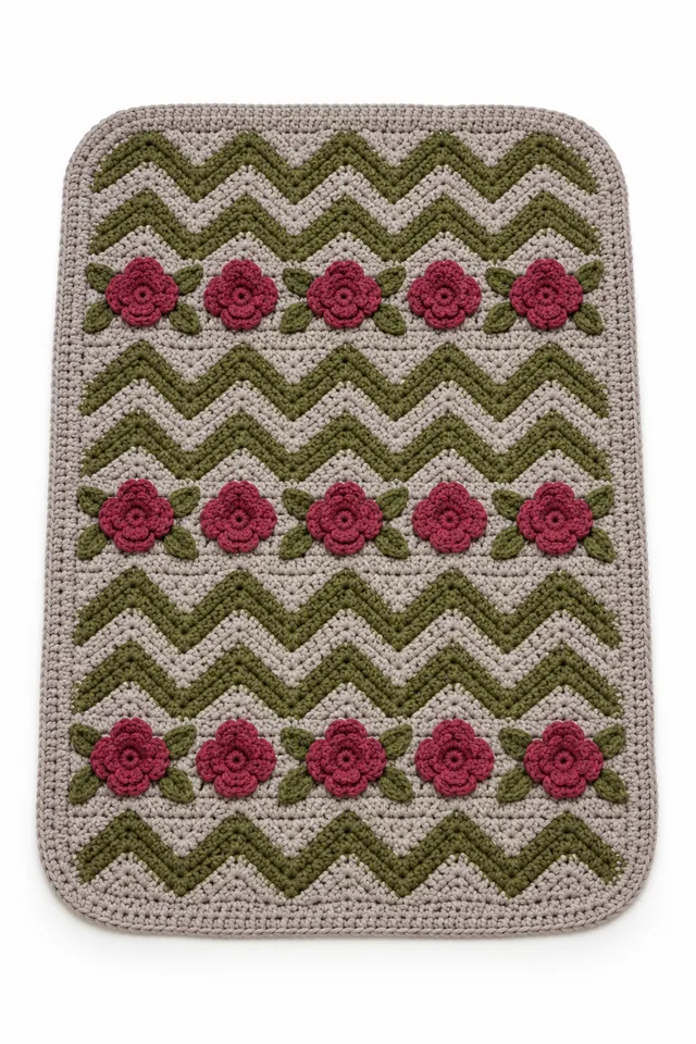 AI concept of a rounded rectangle crochet rug with basketry weave texture.