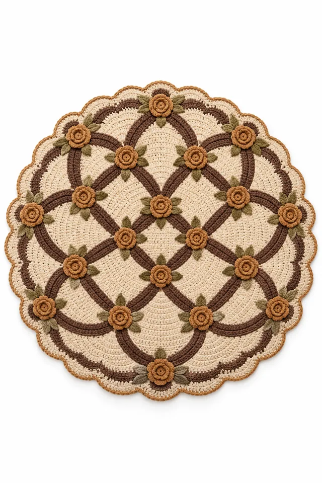 AI concept of a round crochet rug with scalloped edge and basketry texture.