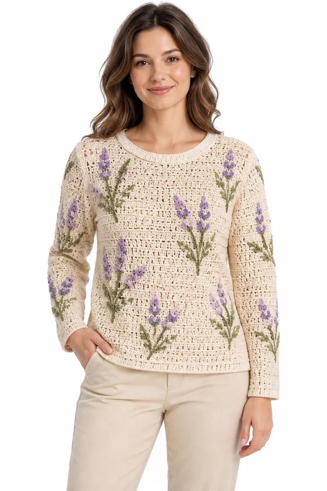 AI concept of a beige crochet blouse with scattered lavender sprig motifs.