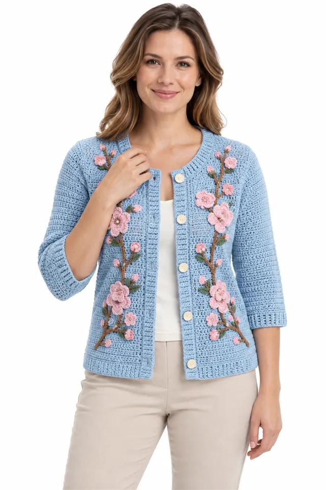 AI concept of a blue crochet cardigan with cherry blossom motifs.