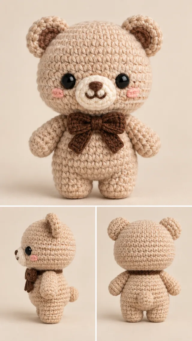 AI concept of a beige crochet-look teddy bear with a cream muzzle and a large chocolate-brown bow tie, shown from the front and both sides.