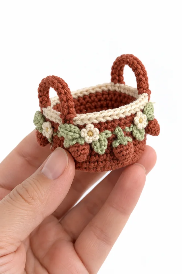 AI concept of a miniature burnt sienna crochet berry basket with two handles.