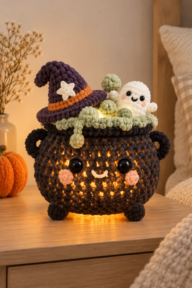 AI concept of a glowing crochet-look black cauldron lamp with a smiling face, witch hat lid, green bubbles and a tiny white ghost rising from the pot.