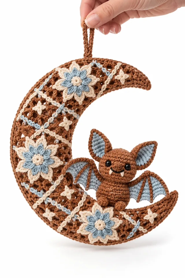 AI concept of a cinnamon crochet wall hanging with bat, moon and clematis stars.