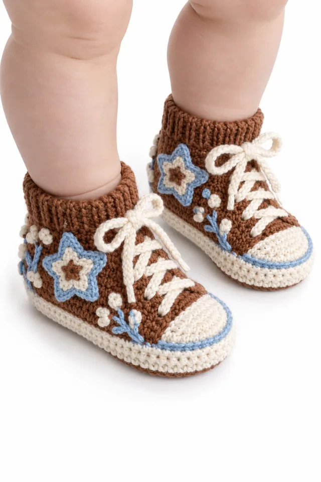 AI concept of cinnamon crochet baby sneaker booties with blue star flower details.
