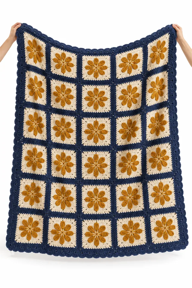 AI concept of a cobalt blue and white crochet throw with antique floral tile motifs.