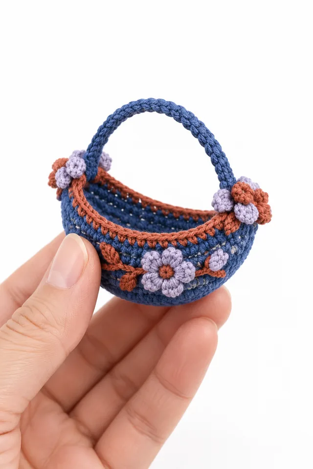 AI concept of a miniature cobalt crochet flower gathering trug in crescent shape.