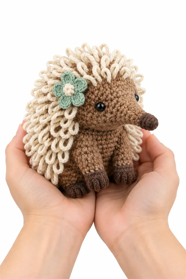 AI concept of a cocoa brown crochet echidna amigurumi holding a small flower.
