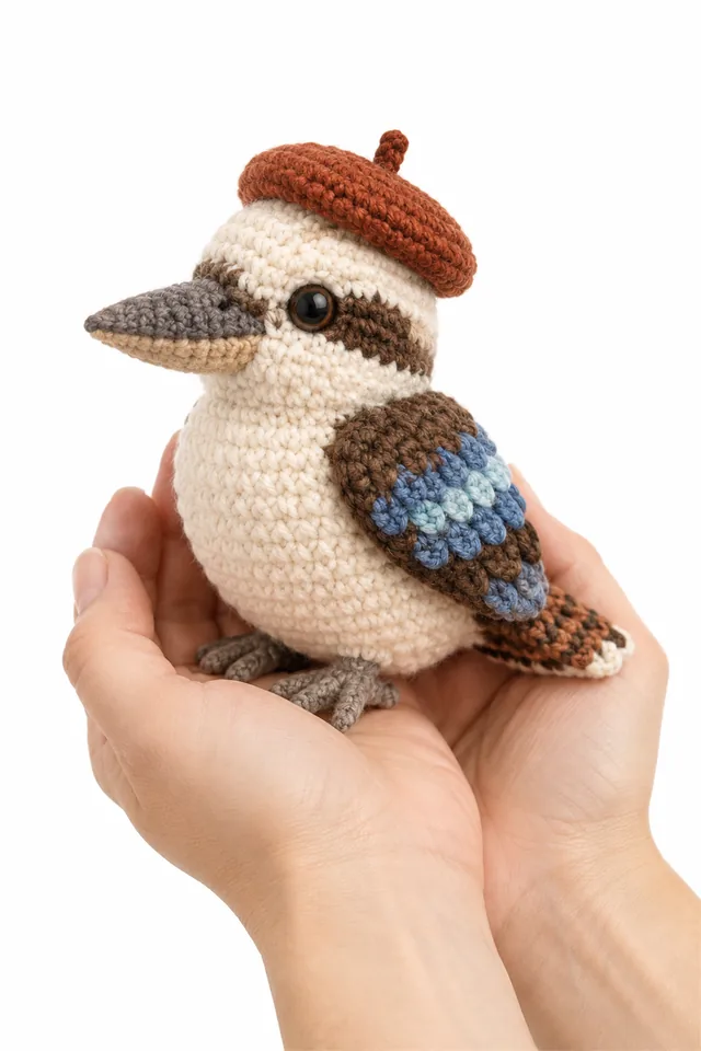 AI concept of a cream crochet kookaburra amigurumi wearing a small beret.