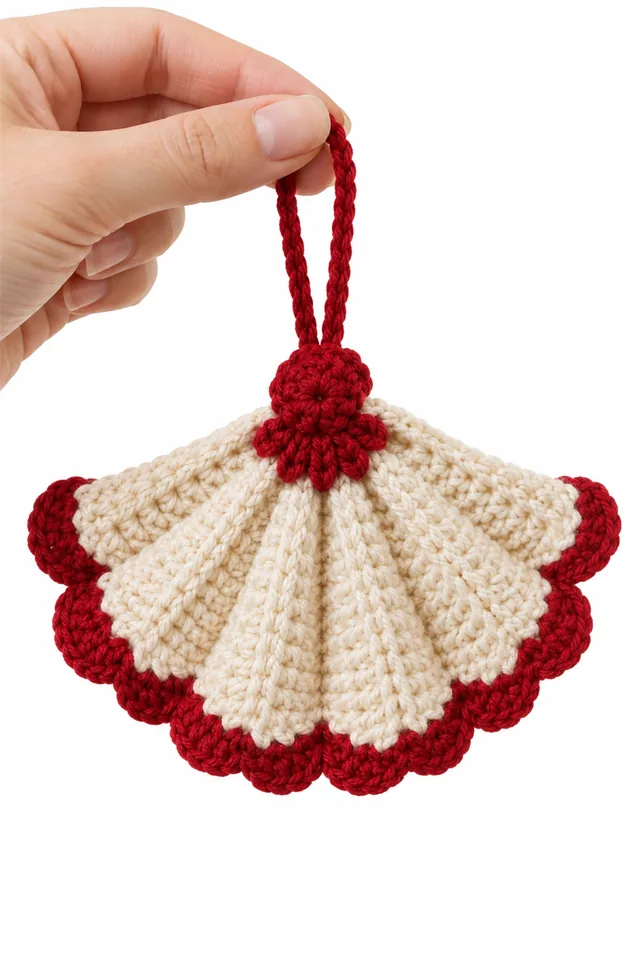 AI concept of a cream crochet Christmas ornament shaped like a pleated paper fan.