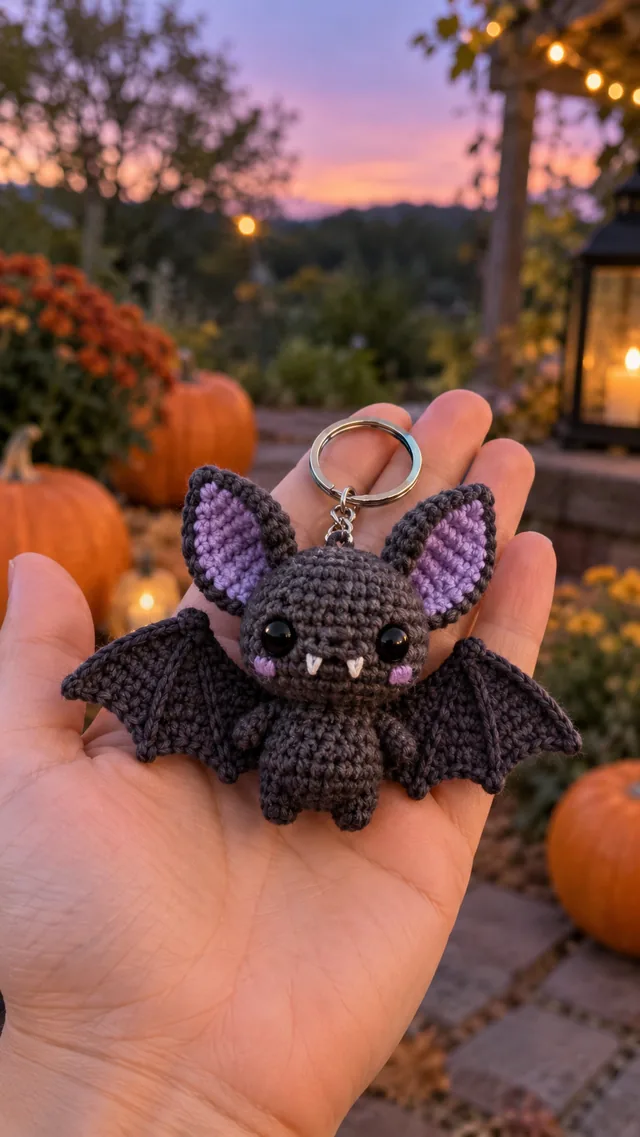 AI concept of a black crochet bat keychain with purple inner ears and tiny fangs at sunset among pumpkins