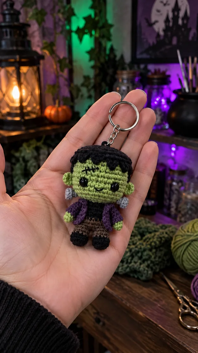 AI concept of a green crochet Frankenstein monster keychain with black hair, stitched scar and purple jacket