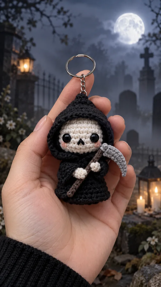 AI concept of a crochet grim reaper keychain in a black hooded cloak holding a small scythe under a full moon