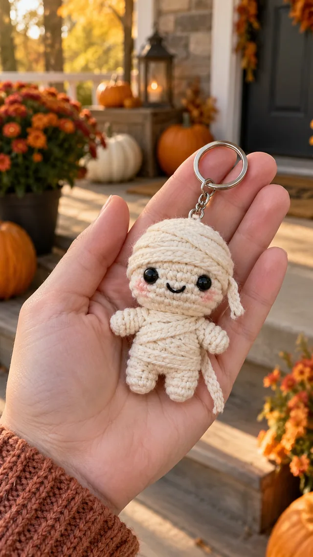 AI concept of a cream crochet mummy keychain with wrapped bandages and a sweet smile held on an autumn porch