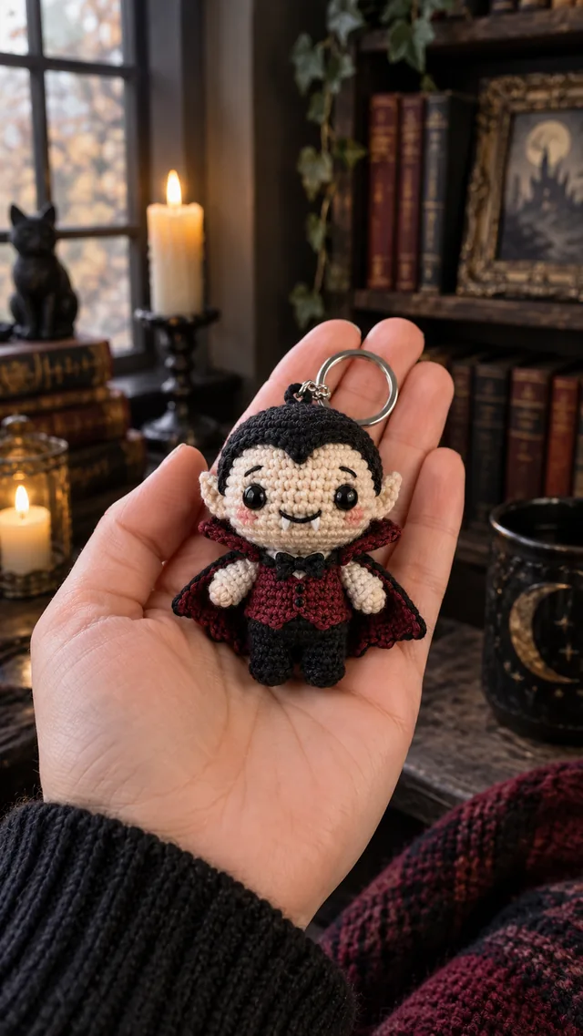 AI concept of a crochet vampire keychain with slick black hair, small fangs and a burgundy lined cape in a candlelit library