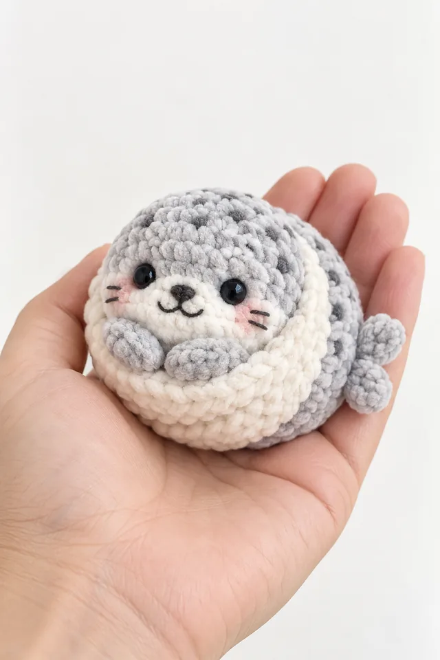 AI concept of a tiny crochet-look gray-and-white seal pup curled into a round loaf shape with flippers tucked, held in a hand.