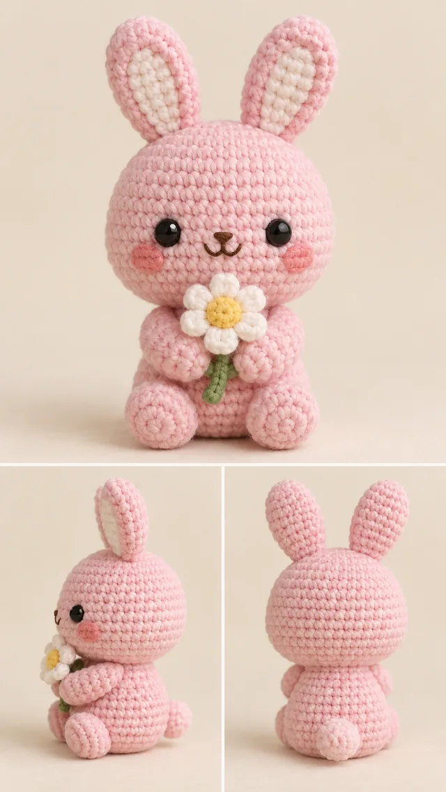 AI concept of a pink crochet-look bunny with tall ears and rosy cheeks, sitting and holding a white daisy with a yellow center.
