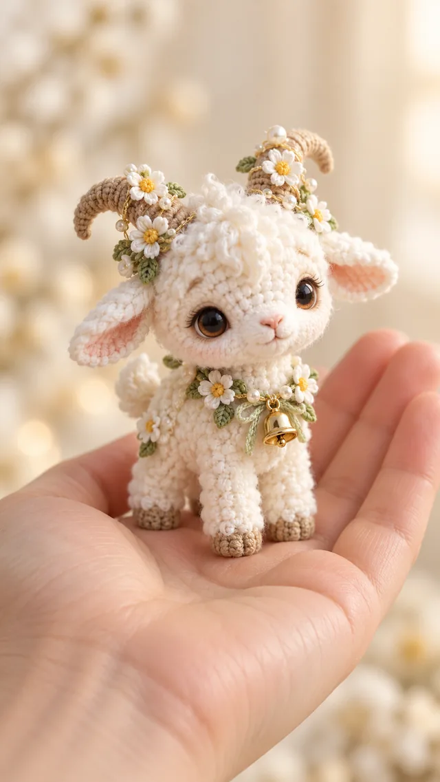 AI concept of a cream crochet goat with curled tan horns, daisy flowers and a leafy collar with a gold-colored bell.