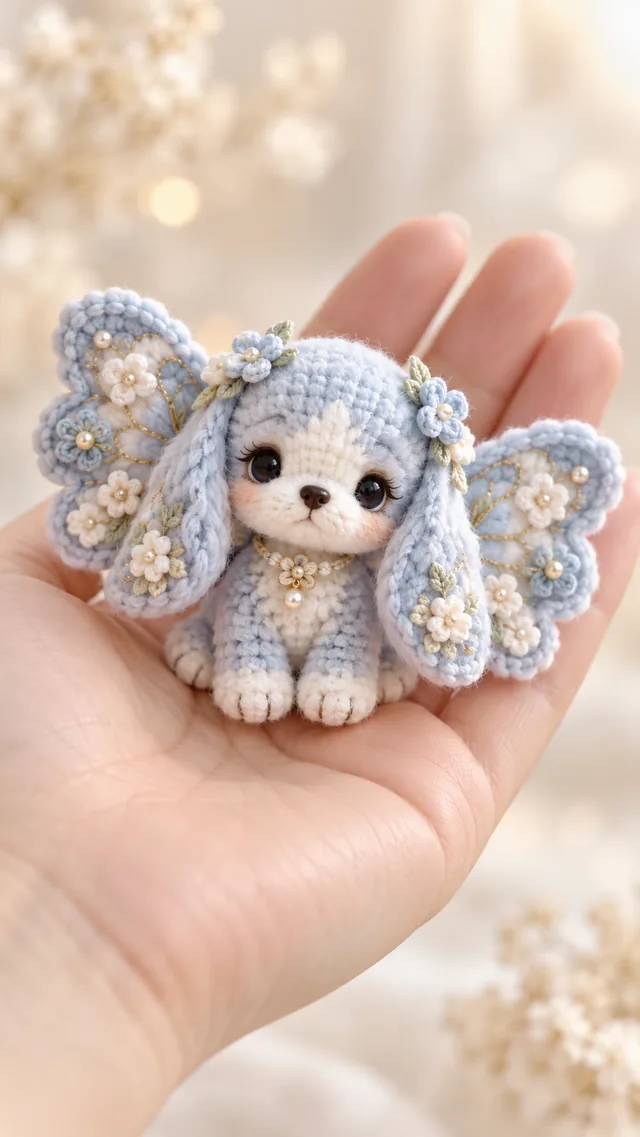 AI concept of a tiny crochet-look blue dog amigurumi with long floral ears dotted with small white blossoms, held in a hand.