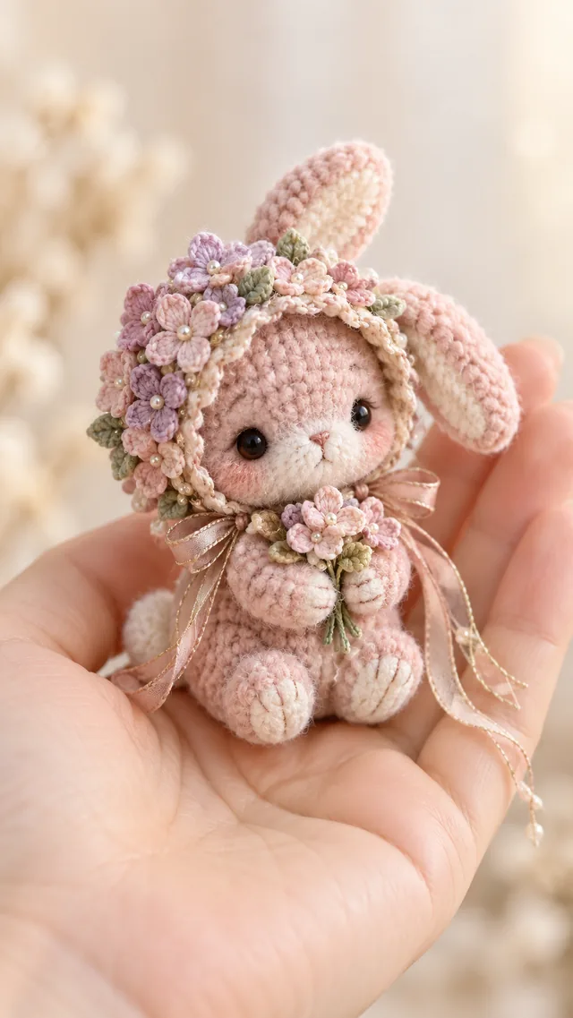 AI concept of a tiny crochet-look pink bunny amigurumi with long ears, wearing a hat covered in purple and pink flowers and holding a small bouquet, held in a hand.