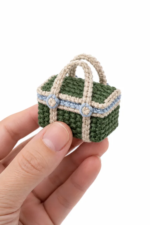 AI concept of a miniature forest green crochet picnic hamper with lid.
