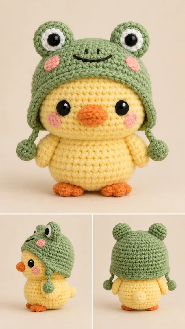 AI concept of a yellow crochet-look duckling with an orange beak wearing a green frog hat with big eyes, shown from three angles.