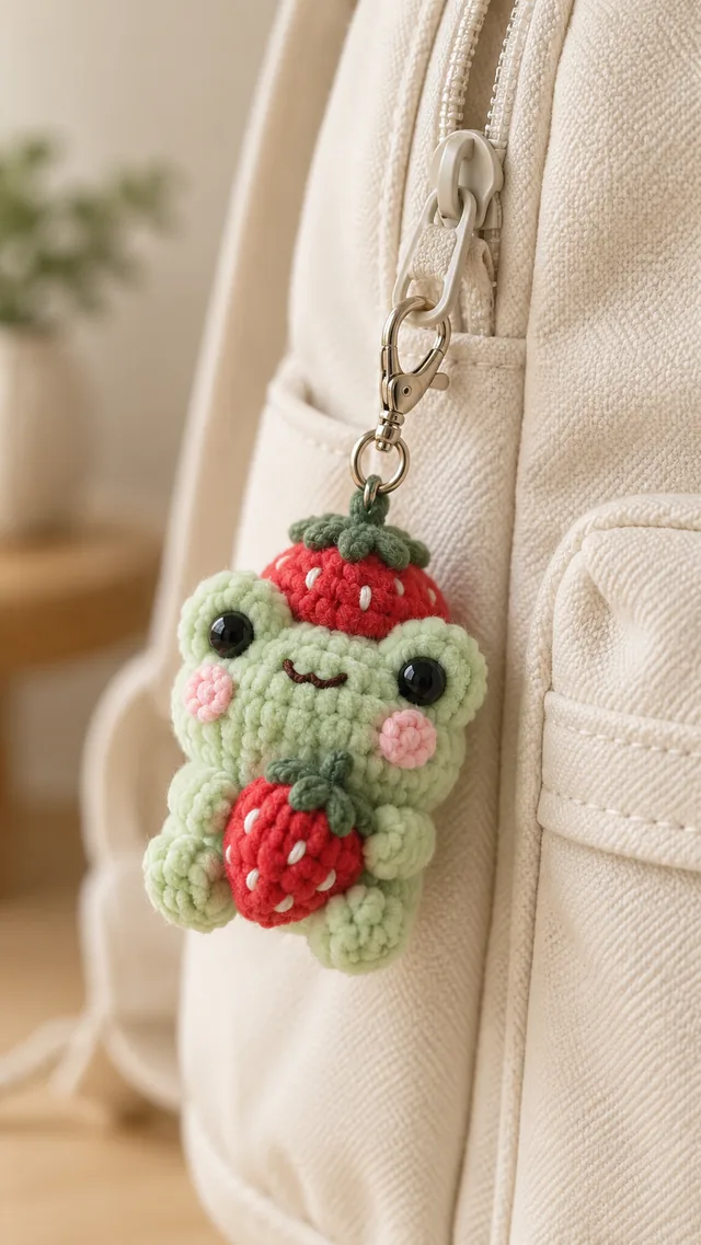 AI concept of a kawaii crochet frog bag charm wearing a strawberry hat.