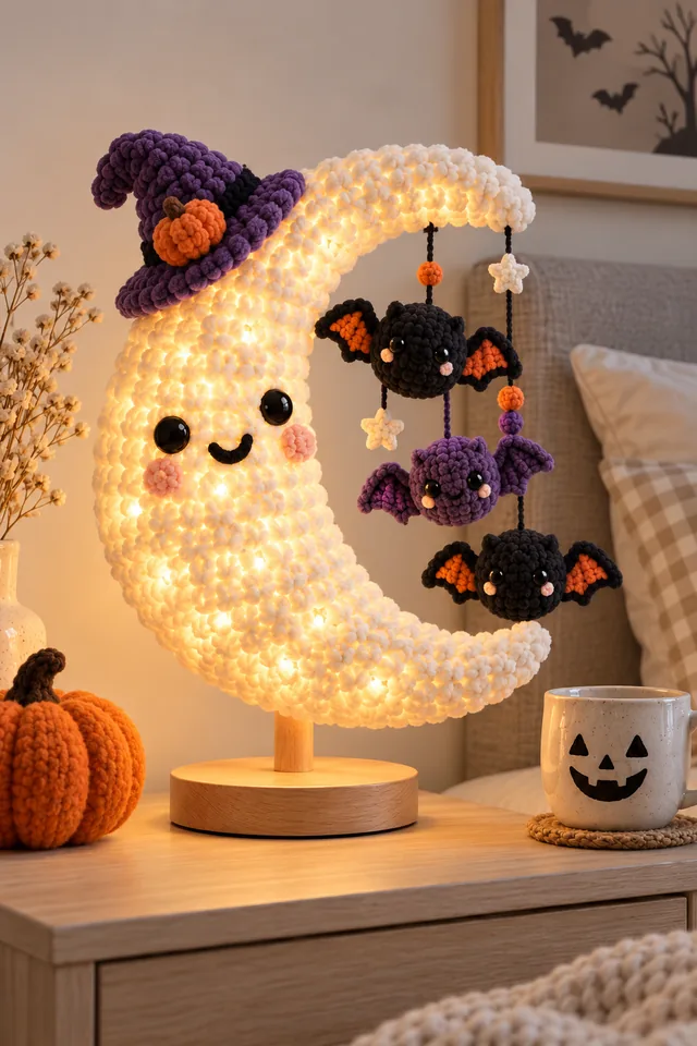 AI concept of a glowing crochet-look crescent moon lamp shaped like a ghost in a purple witch hat, with tiny crocheted bats and stars hanging beside it.
