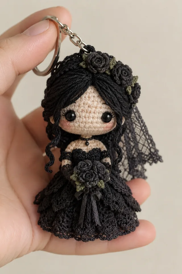 AI concept of a chibi crochet gothic bride keychain in a black gown with veil.