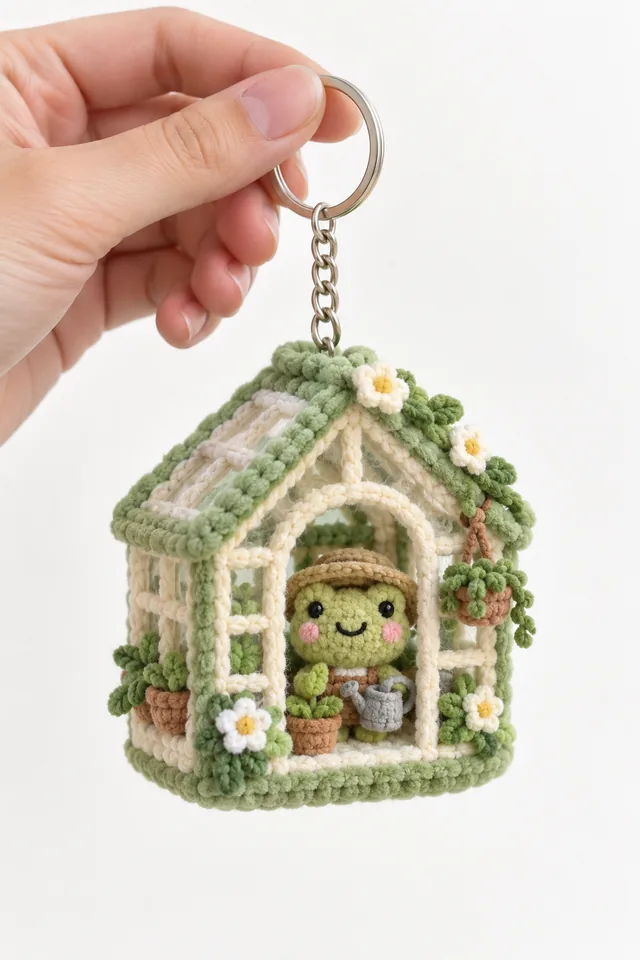 AI concept of a tiny crochet-look greenhouse keychain with a green frog gardener wearing a straw hat, watering potted plants inside, hanging from a key ring.