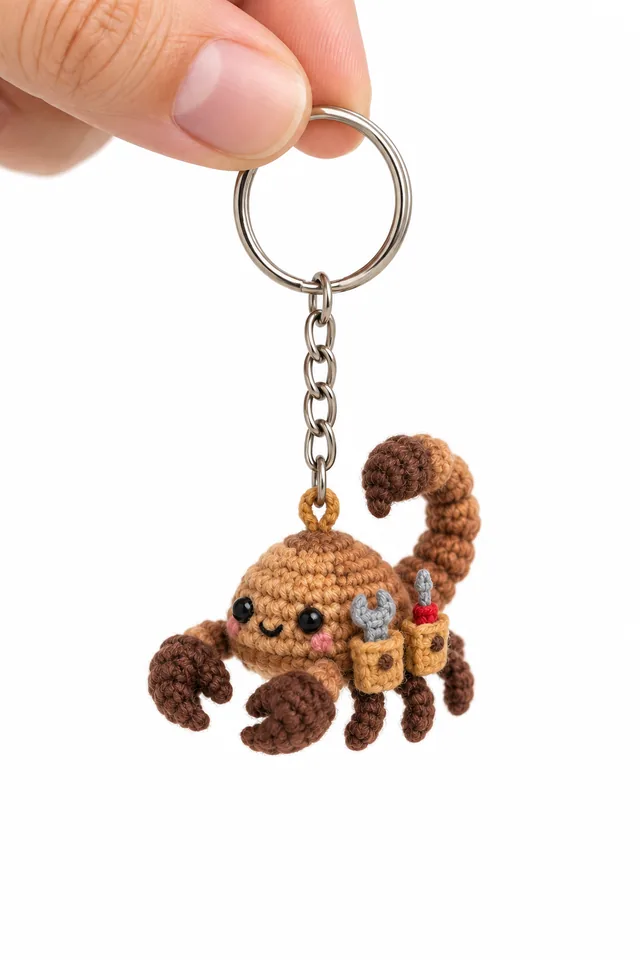AI concept of a tiny crochet-look brown scorpion keychain wearing a tool belt and holding a miniature screwdriver, hanging from a key ring.