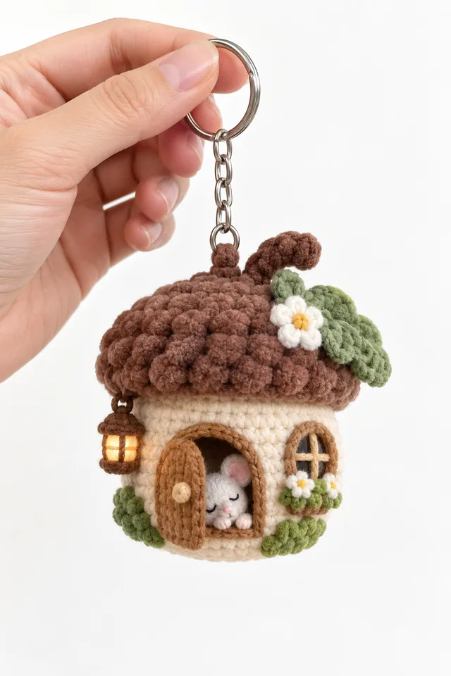 AI concept of a tiny crochet-look cottage keychain shaped like a hedgehog with brown spines, green bushes, a round door and a small white bunny peeking out.