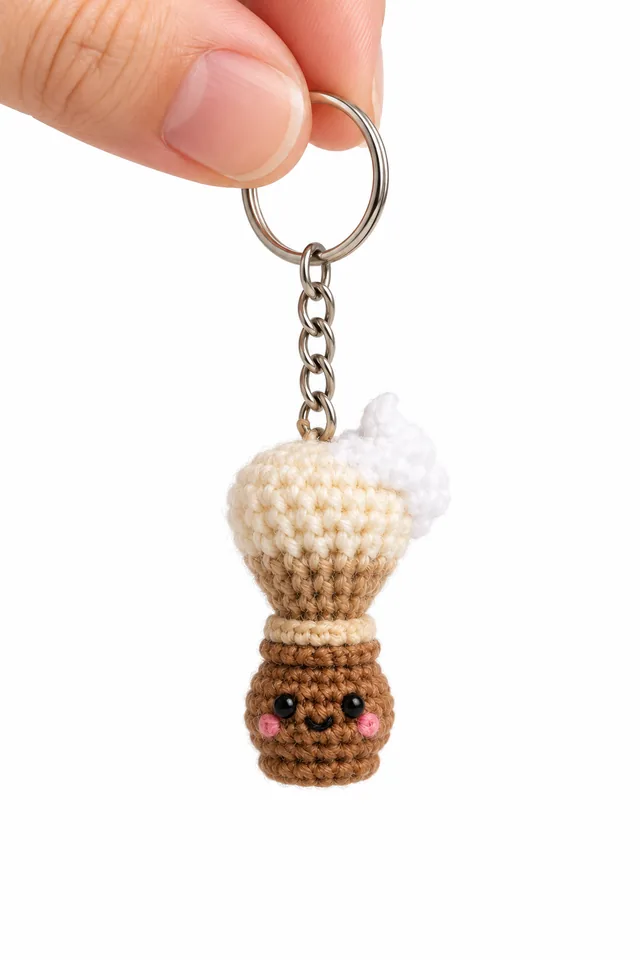 AI concept of a tiny crochet-look ice cream cone keychain with a brown waffle cone base, a caramel middle and a cream scoop with a white bow on top.