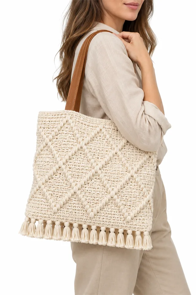 AI concept of an ivory crochet tote with diamond pattern and long fringe.