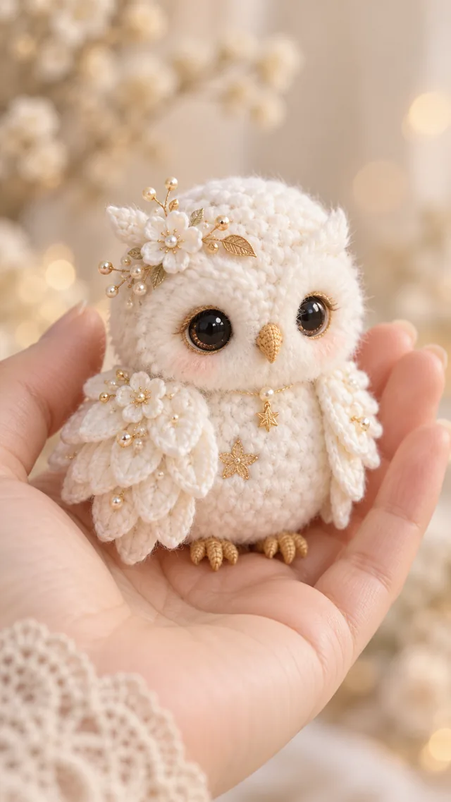 AI concept of an ivory crochet owl with large dark eyes, white flowers and gold-colored details resting on a hand.