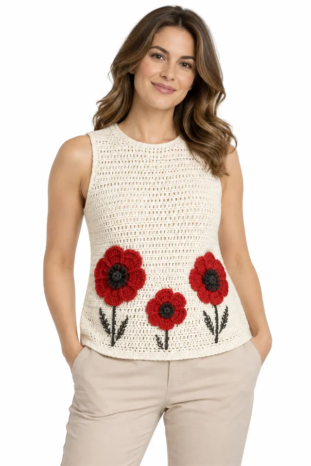 AI concept of an ivory crochet top with red poppy flowers.