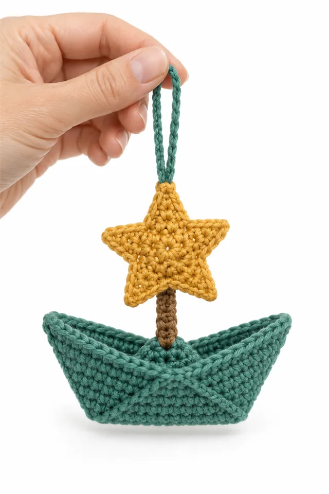 AI concept of a jade green crochet ornament shaped like a folded paper boat.