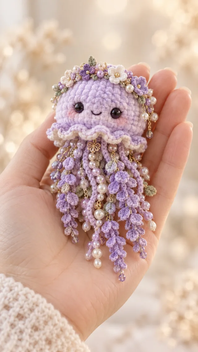 AI concept of a lavender crochet jellyfish with a flower crown, smiling face and dangling curled strands with pearl-like accents.