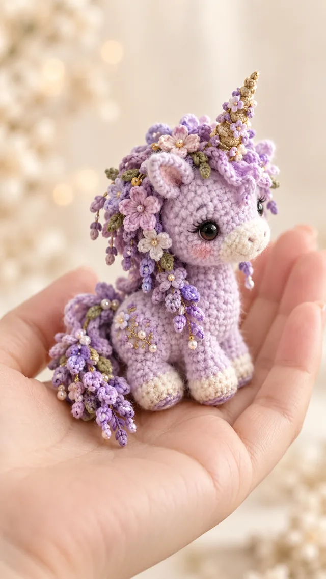 AI concept of a tiny crochet-look purple llama amigurumi covered in lavender sprigs, with a fluffy floral mane and tail, held in a hand.