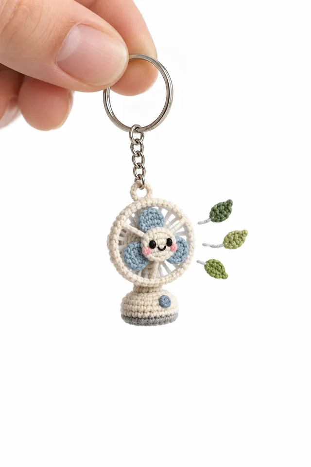 AI concept of a tiny crochet-look desk fan keychain with a cream cage, blue blades and a smiling face, blowing three small green leaves.