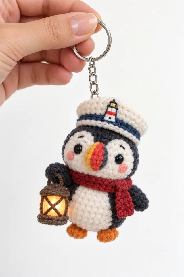 AI concept of a tiny crochet-look penguin keychain wearing a white lighthouse hat and red scarf, holding a glowing lantern, hanging from a key ring.