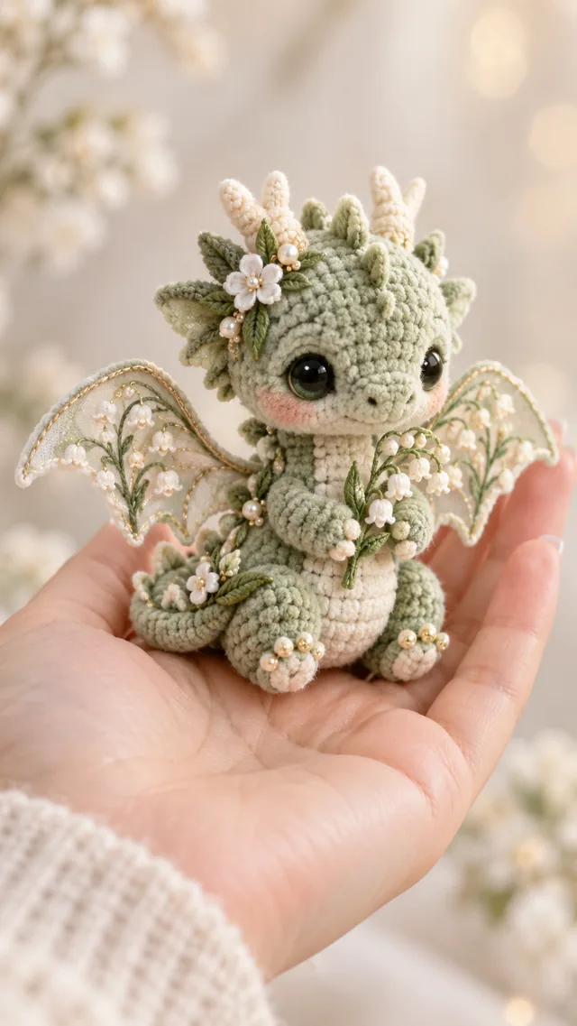 AI concept of a tiny crochet-look green dragon amigurumi with white lily-of-the-valley blossoms along its head and wings, held in a hand.
