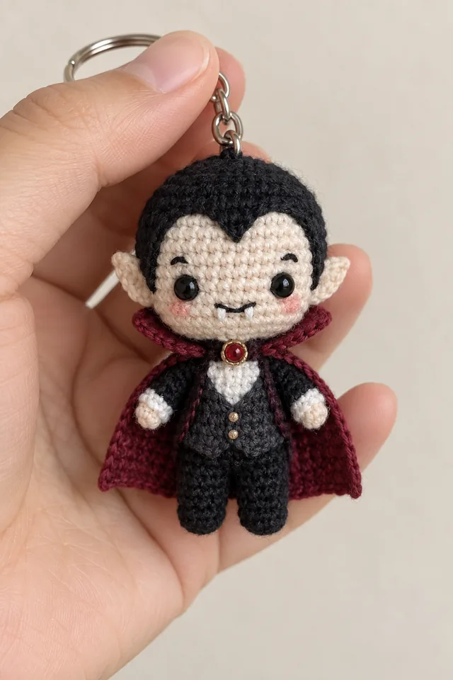AI concept of a chibi crochet vampire keychain with cape and red gem.