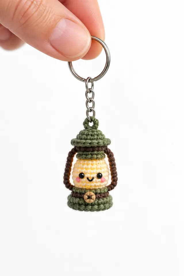 AI concept of a tiny crochet-look matryoshka doll keychain with a green and brown headscarf and painted-look face, hanging from a key ring.